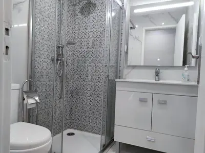 a bathroom with a shower and a toilet and a sink at Torre dos Clérigos Apartment in Porto