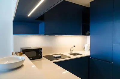 a kitchen with blue cabinets and a sink and a microwave at Charmant appartement climatisé avec balcons in Porto