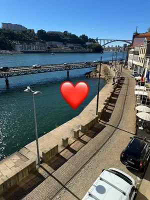 a street with cars and umbrellas next to the water at luxury stay Romantic Douro River & Sunset views in Porto
