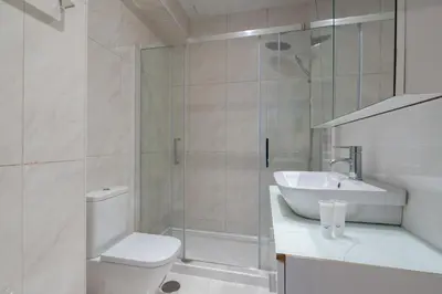 a bathroom with a shower and a toilet and a sink at Carolina Roomy & Modern Apartment in Porto