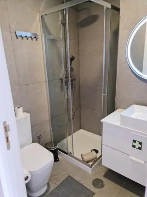 a bathroom with a shower with a toilet and a sink at Campanhã Studio in Porto