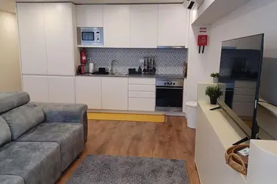 a living room with a couch and a kitchen at A H - Apartment Oporto Downtown in Porto