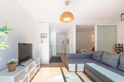 a living room with a couch and a tv at Host Wise - Charming Welcoming Flat - Centrally Located in Porto