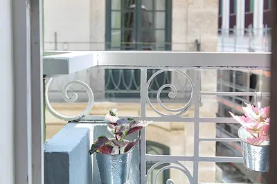a white railing with two potted plants on a balcony at Oporto Sweet Downtown 3 in Porto