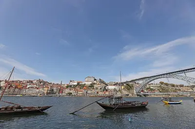 a group of boats in the water near a bridge at FLH Boavista Wooden Duplexes in Porto