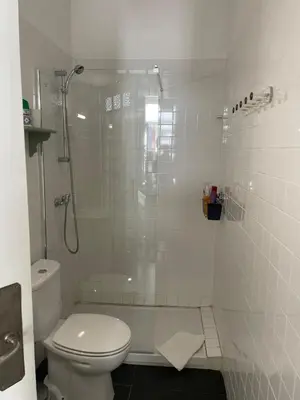 a white bathroom with a shower and a toilet at Estúdio Histórico século XIX com Varanda e Vistas para a Baixa in Porto