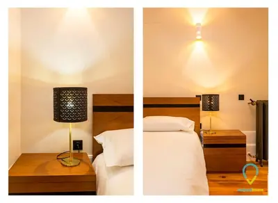 two pictures of a bedroom with a bed and a lamp at Trendy Porto in Porto