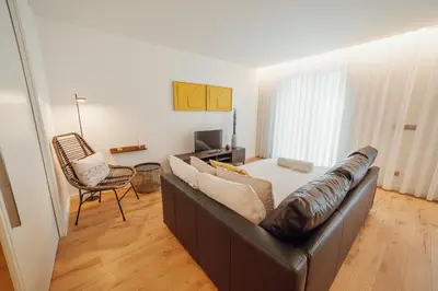 a living room with a couch and a television at OPORTO GUEST Renovato Luxus Flat w/ parking in Porto