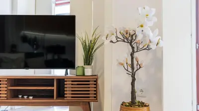a living room with a tv and a white orchid at Old Town 1BR Duplex by LovelyStay in Porto