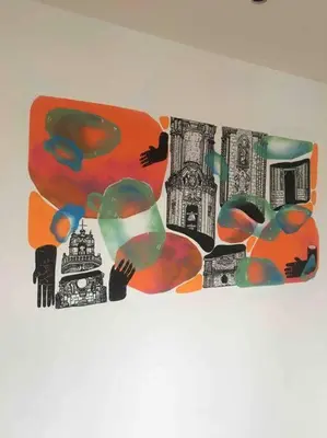 a shelf with drawings of objects on it at Studio Jardim São Lázaro in Porto