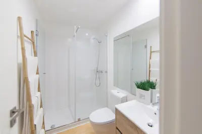 a bathroom with a shower and a toilet and a sink at Citybreak-apartments Sao Bento in Porto
