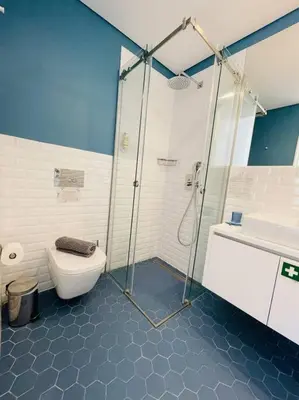 a bathroom with a shower and a toilet and a sink at Apartment with balcony in the center of Porto in Porto
