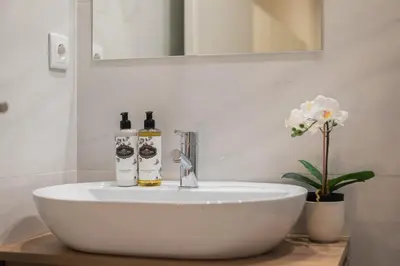 a white sink with two bottles on it in a bathroom at Cosy House Downtown Porto with swimming pool and AC in Porto