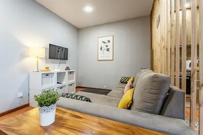 a living room with a couch and a tv at Experience the Charm Porto Apartment with Terrace in Porto