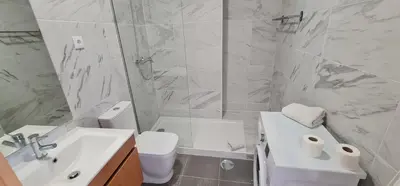 a bathroom with a sink and a toilet and a shower at Tomas FLAT Front in Porto