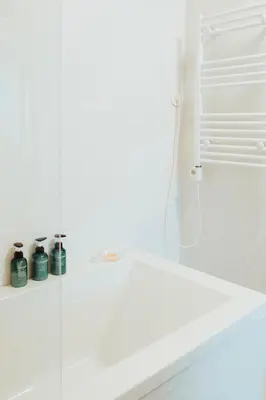 a white bathroom with a shower with four bottles on a shelf at Central apartment w/ garden terrace in Porto