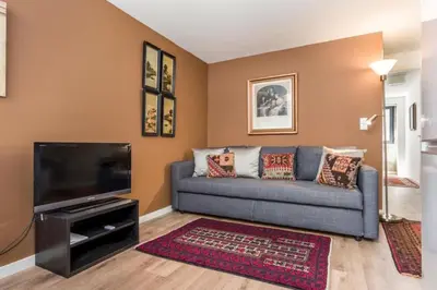 a living room with a couch and a flat screen tv at Cute 1-bedroom next to Douro River in Porto
