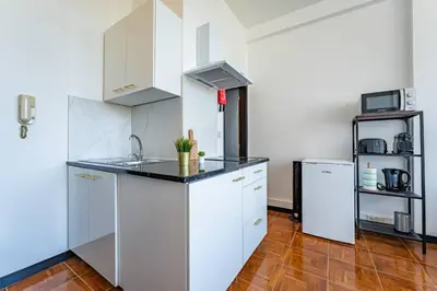 a kitchen with white cabinets and a sink and a refrigerator at Heritage Oporto Downtown in Porto