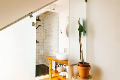 a bathroom with a sink and a potted plant at Studio Faria Guimarães in Porto