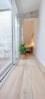 an empty room with a large window and a potted plant at Oporto Nura Apartment Downtown in Porto