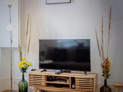 a flat screen tv sitting on top of a wooden entertainment center at Foryou-2-BonfimPorto in Porto