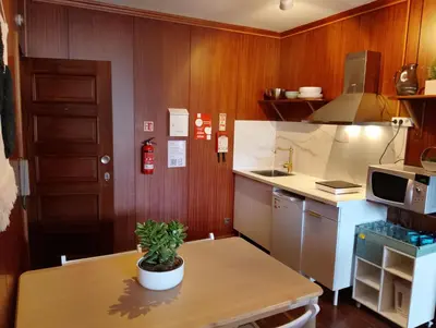 a kitchen with a table with a potted plant on it at Travel and Live Poveiros in Porto
