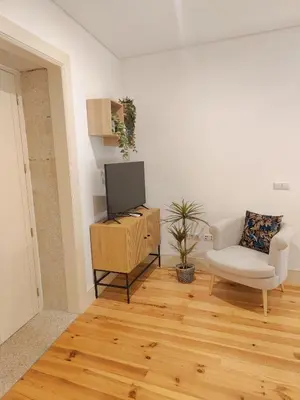 a living room with a television and a chair at Premium Apartment Porto Downtown - Bonjardim in Porto