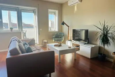a living room with a couch and a tv at Premium Quental House - T3 Renovado com magnifico Terraço in Porto