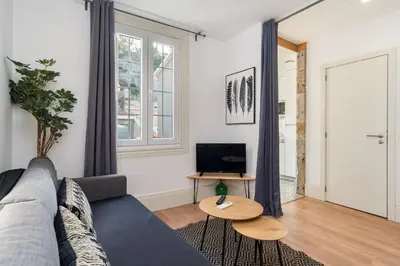 a living room with a couch and a tv at GuestReady - Le Jardin Secret in Porto