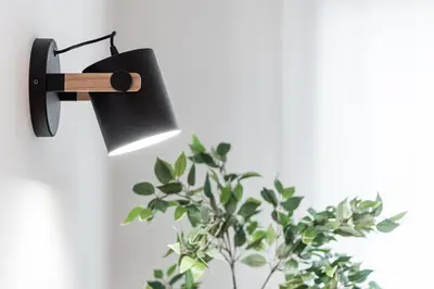 a light hanging on a wall next to a plant at GuestReady - Hospitality Atrium - Leite Residence in Vila Nova de Gaia