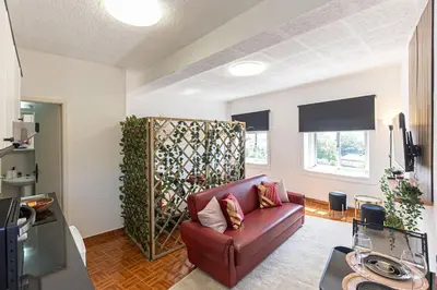 a living room with a brown leather couch in a room at Dream Bonfim in Porto