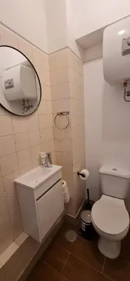 a bathroom with a white toilet and a mirror at Green Studio in Porto