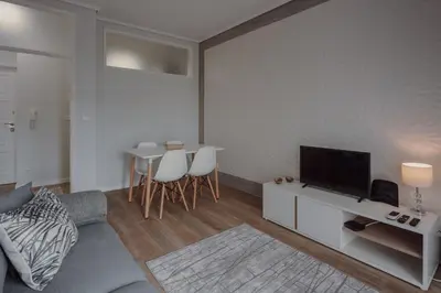 a living room with a couch and a tv and a table at 1BR w/ AC near Palácio de Cristal in Porto