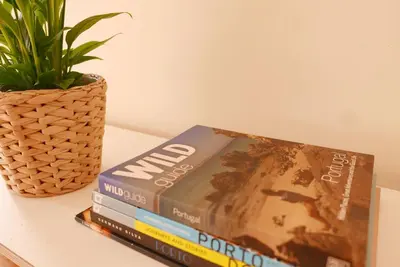 two books sitting on a table next to a potted plant at Breiner Apartment, Arts District in Porto