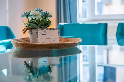 a hat and a plant on a glass table at Large and Charming Apartment Downtown in Porto