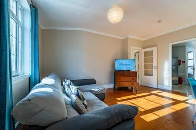 a living room with a couch and a television at Large and Charming Apartment Downtown in Porto