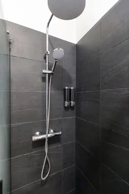 a shower in a bathroom with black tiles at Bright apartment with garden in Porto