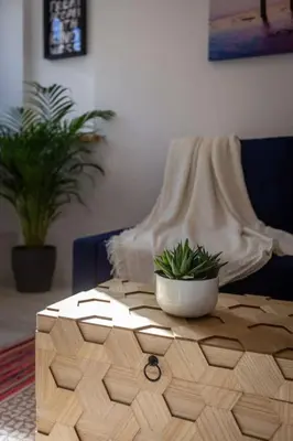 a table with a potted plant on it in a living room at Chic Loft with Garden, Sleeps 4 in Porto