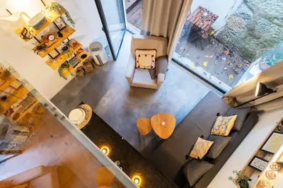 an overhead view of a living room and dining room at Vila Terra Studio Studio I in Vila Nova de Gaia