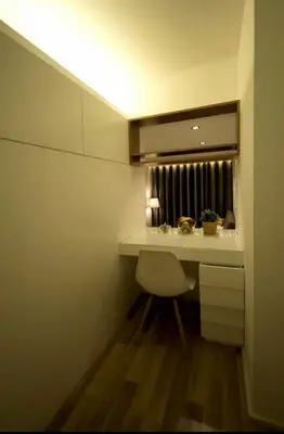 a small bathroom with a desk and a mirror at Space Shuttle studios - Tiny House in Porto