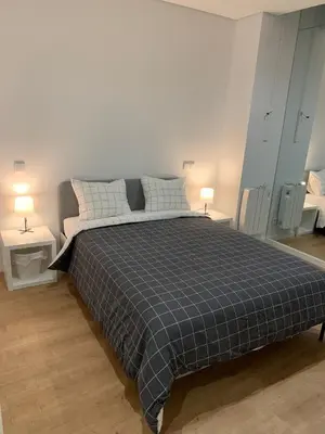 a bedroom with a bed with a blue plaid blanket at A melhor estadia do Porto in Porto