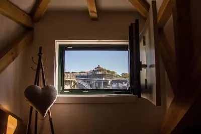 a window in a room with a view of a bridge at Ribeira Memories 72 in Porto