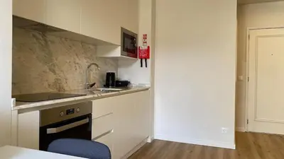 a kitchen with a sink and a counter top at BEST - Studio Trindade with AC and Parking in Porto