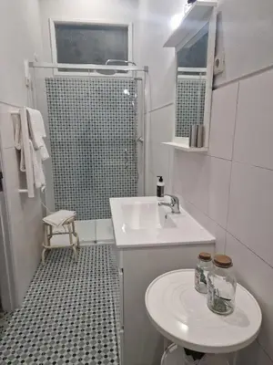 a white bathroom with a sink and a shower at Downtown Classic Apartment in Porto