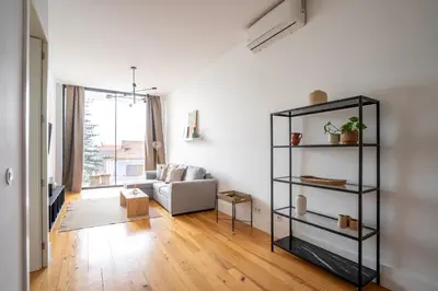 a living room with a couch and a shelf at Chic 1BR in República w Balcony by LovelyStay in Porto