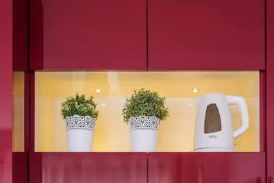 three potted plants on a shelf in a red cabinet at GuestReady - Fabric in Colors in Porto