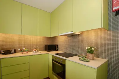 a kitchen with green cabinets and a stove at Bolhão Nobre Apartments in Porto