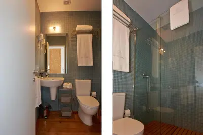 two pictures of a bathroom with a toilet and a sink at Bolhão Nobre Apartments in Porto