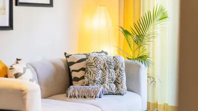 a living room with a couch with a pillow and a plant at Adorable apartment 2D in Porto