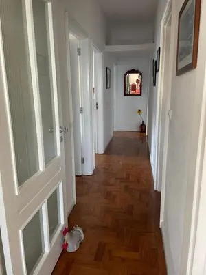 a hallway with a cat laying on the floor at Apartamento Vintage 1 in Porto